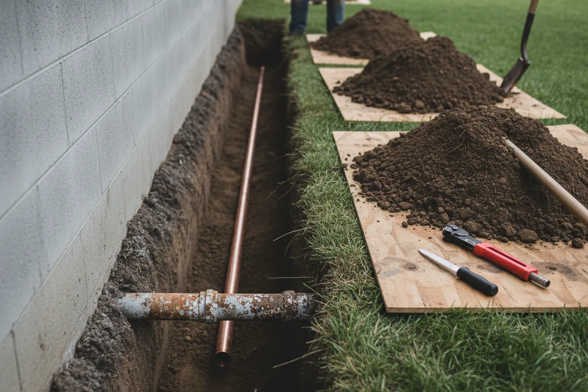Excavated water line trench during Water Softener Installation in Benton City